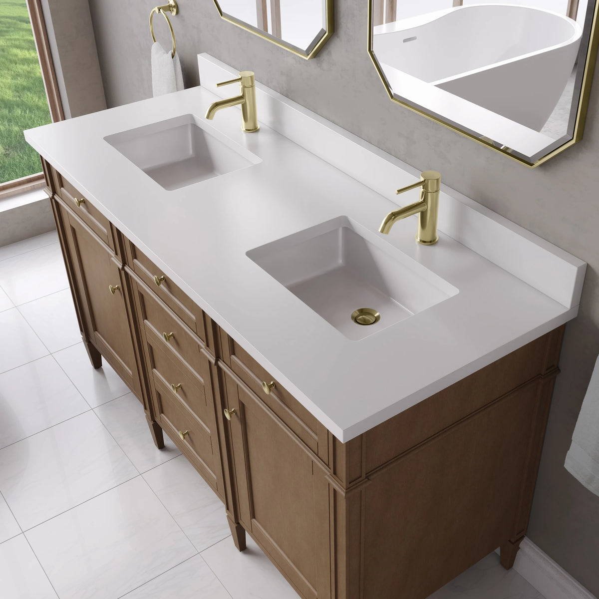 Brittany 60" Double Vanity, Pecan w/ Single Hole 3 CM White Zeus Silestone Top and Matching Backsplash, view 6