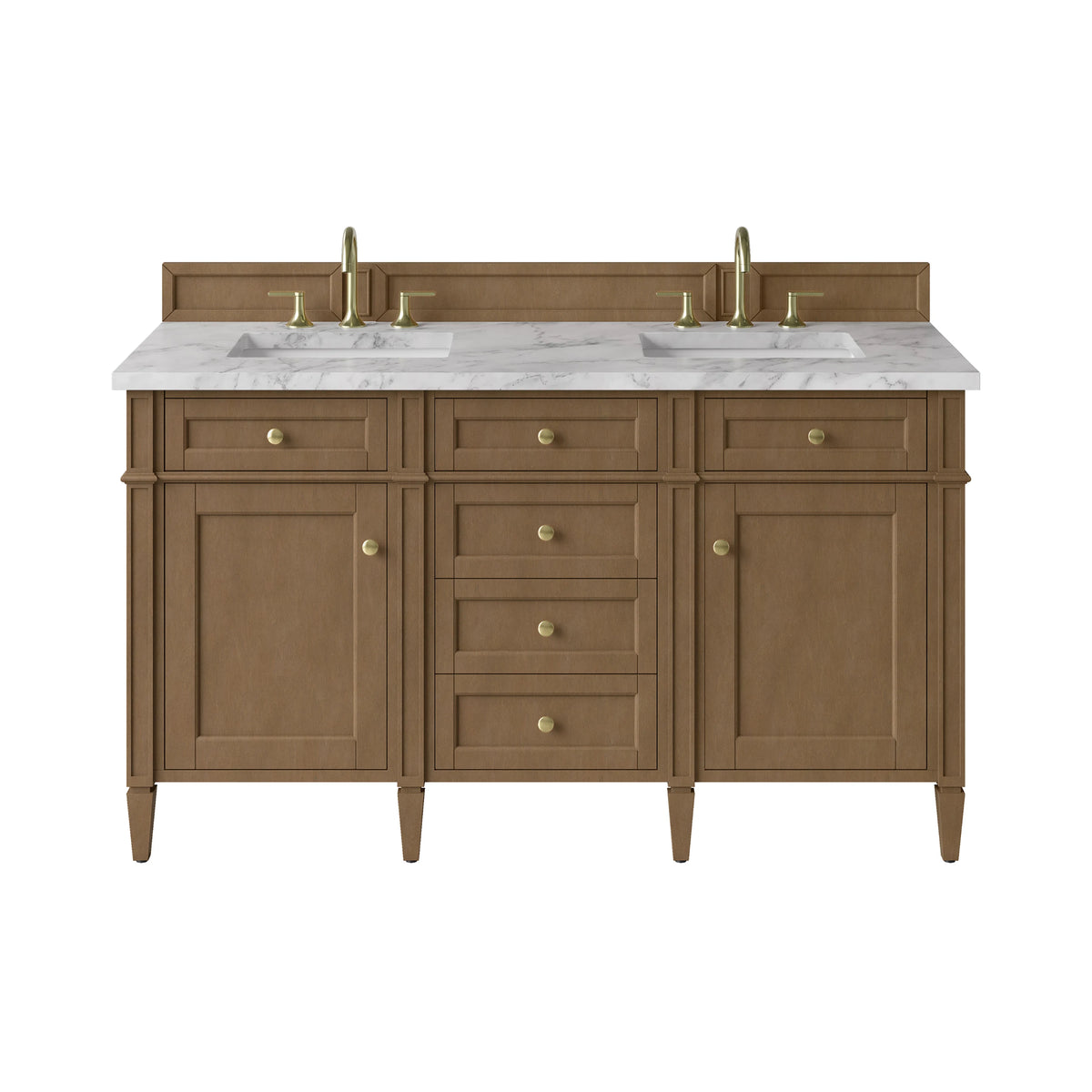Brittany 60" Double Vanity, Pecan w/ 3 CM Carrara Marble Top