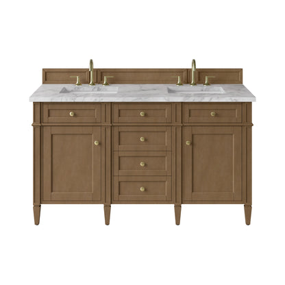 Brittany 60" Double Vanity, Pecan w/ 3 CM Carrara Marble Top