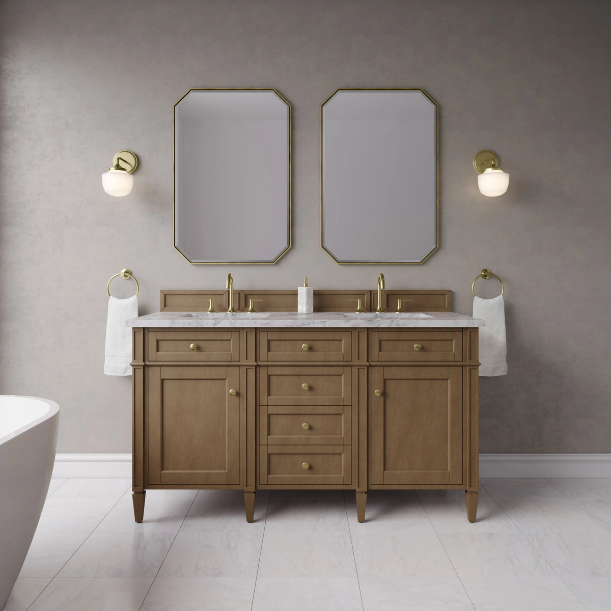 Brittany 60" Double Vanity, Pecan w/ 3 CM Carrara Marble Top, view 3