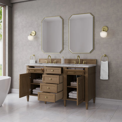 Brittany 60" Double Vanity, Pecan w/ 3 CM Carrara Marble Top, view 5