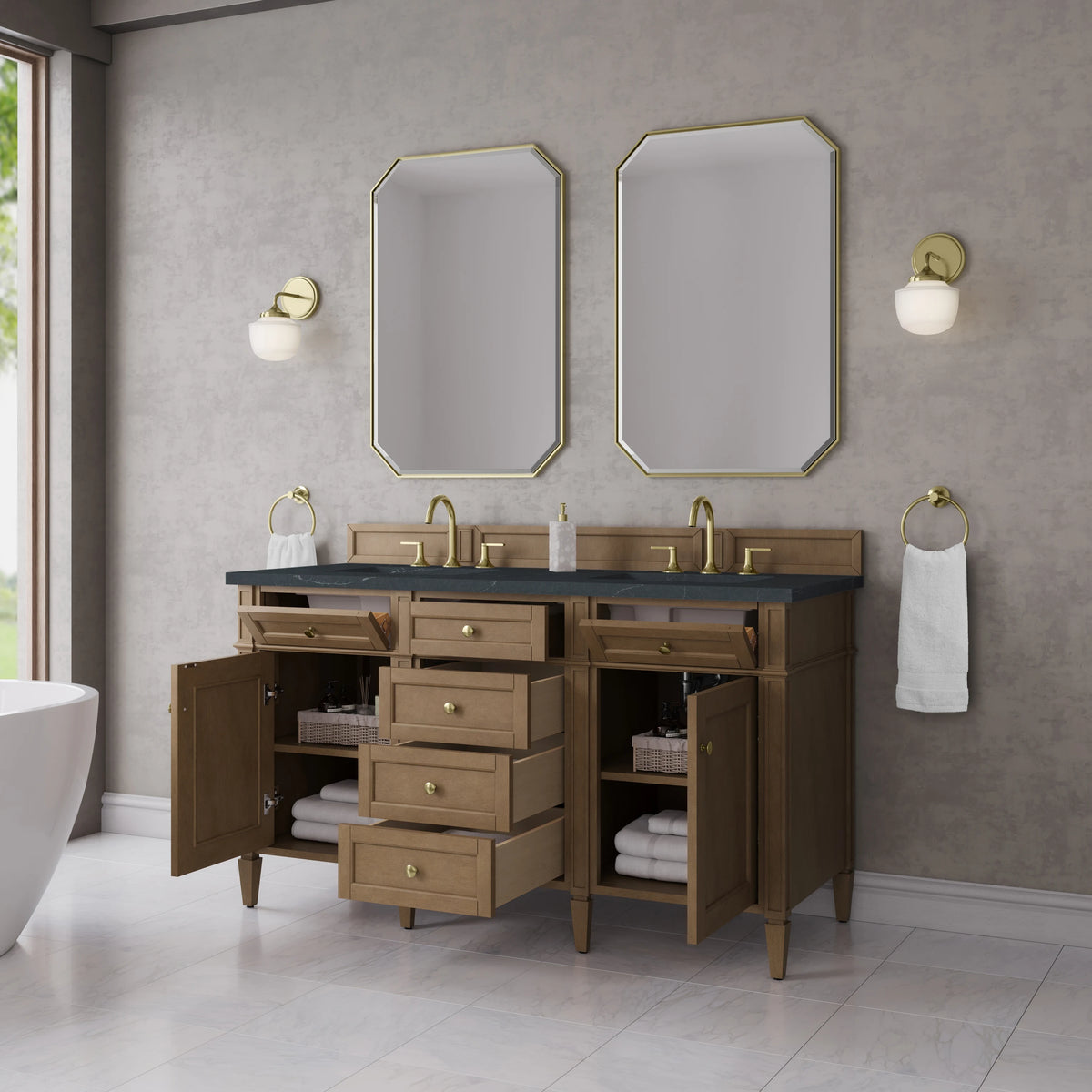 Brittany 60" Double Vanity, Pecan w/ 3 CM Charcoal Soapstone Silestone Top, view 5