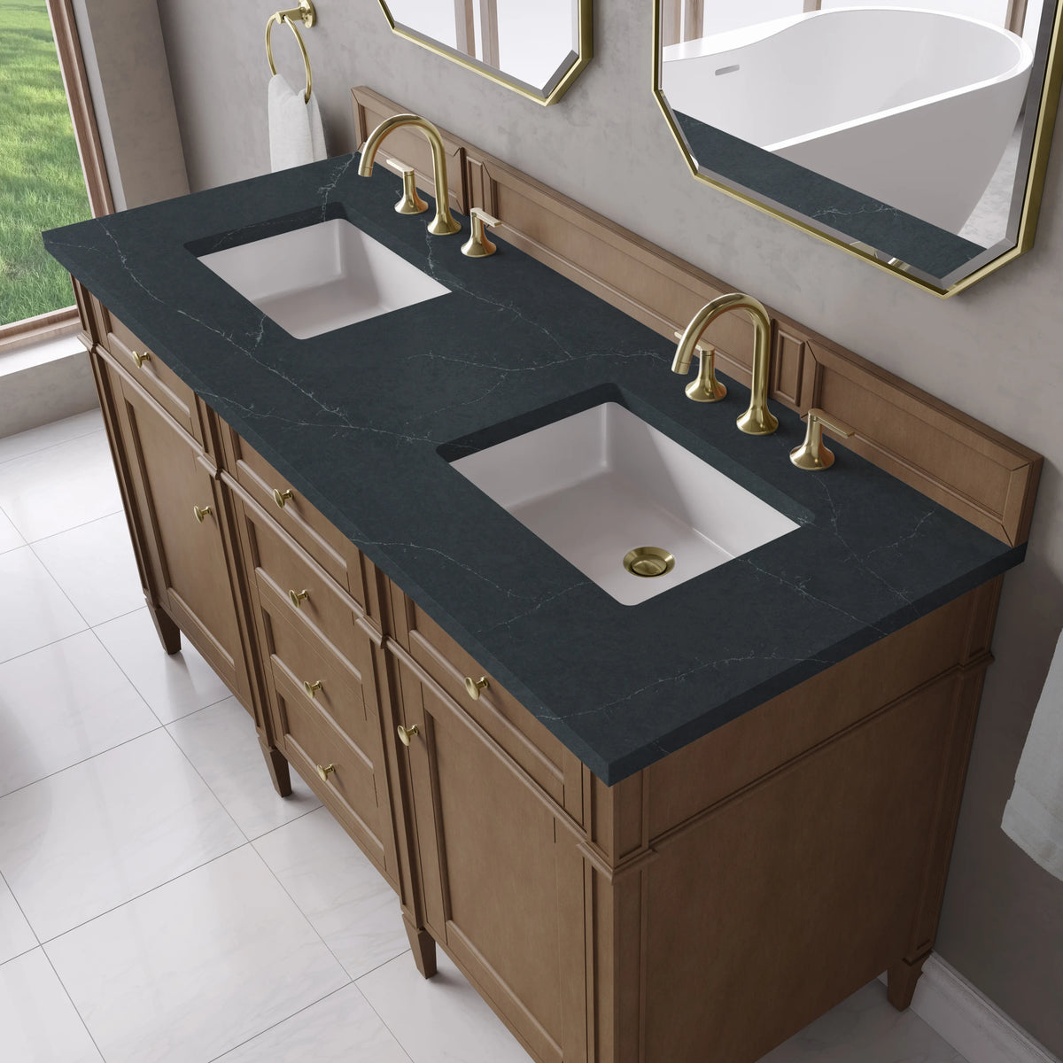 Brittany 60" Double Vanity, Pecan w/ 3 CM Charcoal Soapstone Silestone Top, view 7