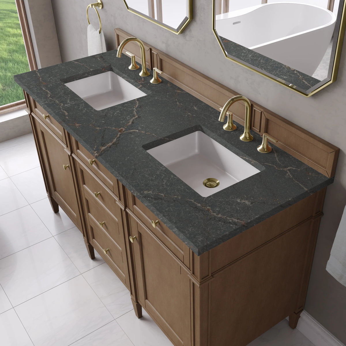 Brittany 60" Double Vanity, Pecan w/ 3 CM Parisien Bleu Silestone Top, view 7