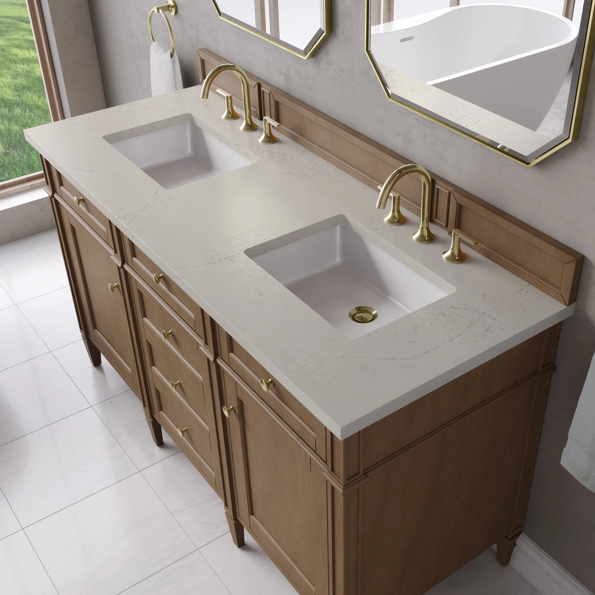 Brittany 60" Double Vanity, Pecan w/ 3 CM Siberian Silestone Top, view 7
