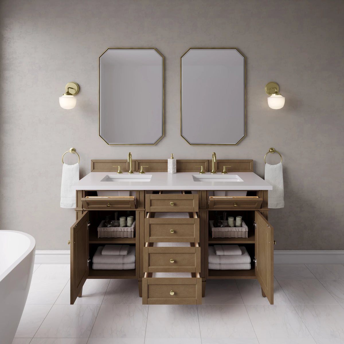 Brittany 60" Double Vanity, Pecan w/ 3 CM White Zeus Silestone Top, view 6