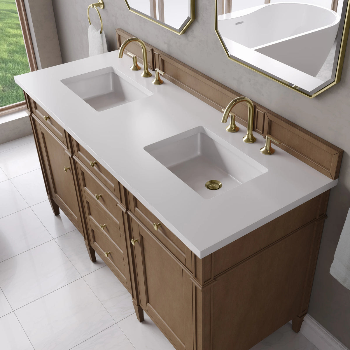 Brittany 60" Double Vanity, Pecan w/ 3 CM White Zeus Silestone Top, view 8