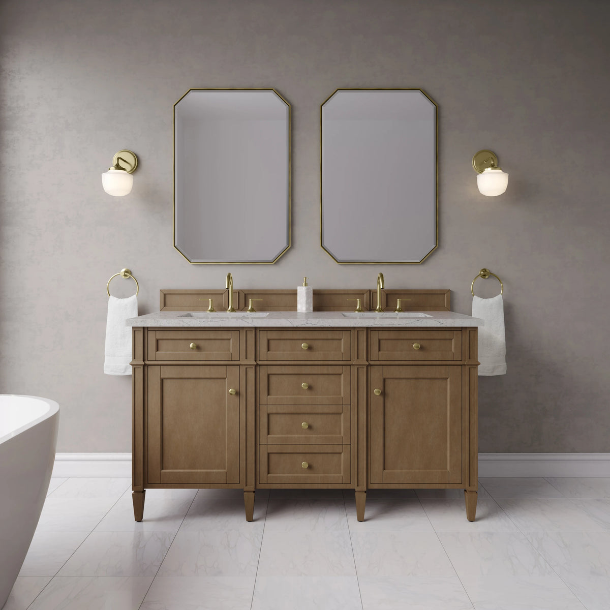 Brittany 60" Double Vanity, Pecan w/ 3 CM Eternal Jasmine Pearl Silestone Top w/FreePower Wireless Charger, view 4