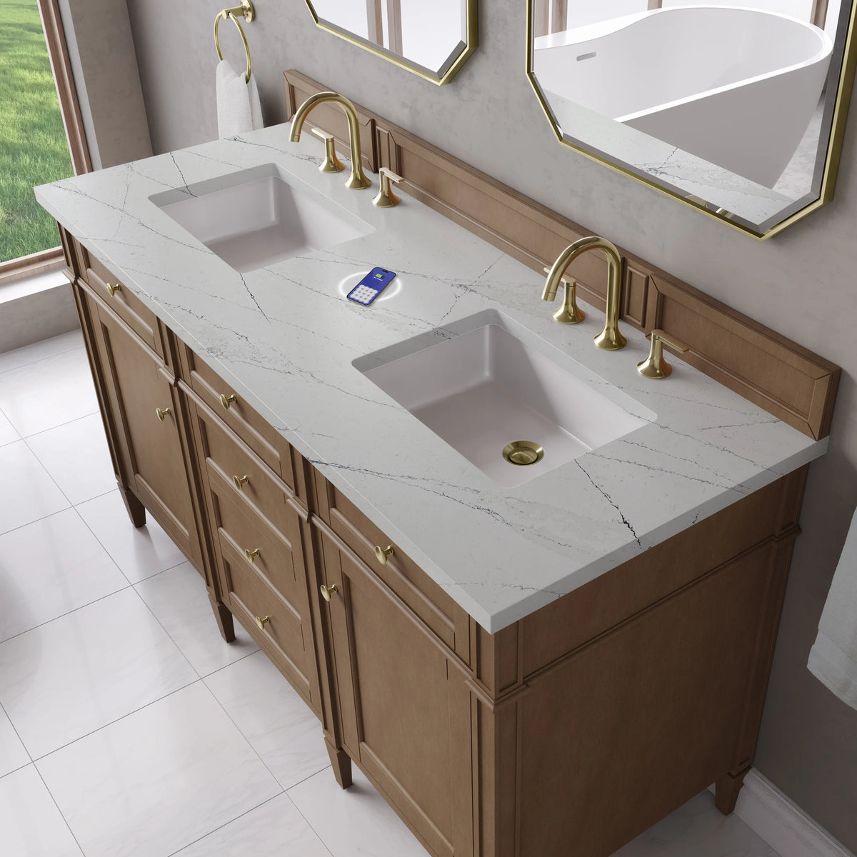Brittany 60" Double Vanity, Pecan w/ 3 CM Ethereal Noctis Silestone Top w/FreePower Wireless Charger, view 8