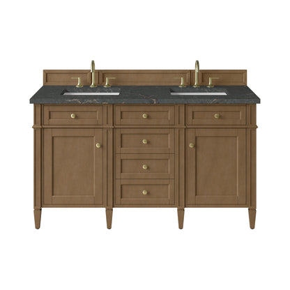 Brittany 60" Double Vanity, Pecan w/ 3 CM Parisien Bleu Silestone Top w/FreePower Wireless Charger