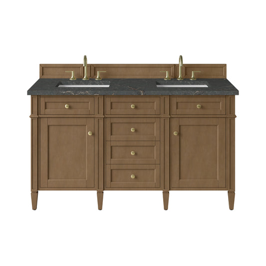 Brittany 60" Double Vanity, Pecan w/ 3 CM Parisien Bleu Silestone Top w/FreePower Wireless Charger