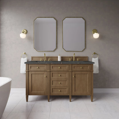 Brittany 60" Double Vanity, Pecan w/ 3 CM Parisien Bleu Silestone Top w/FreePower Wireless Charger, view 4