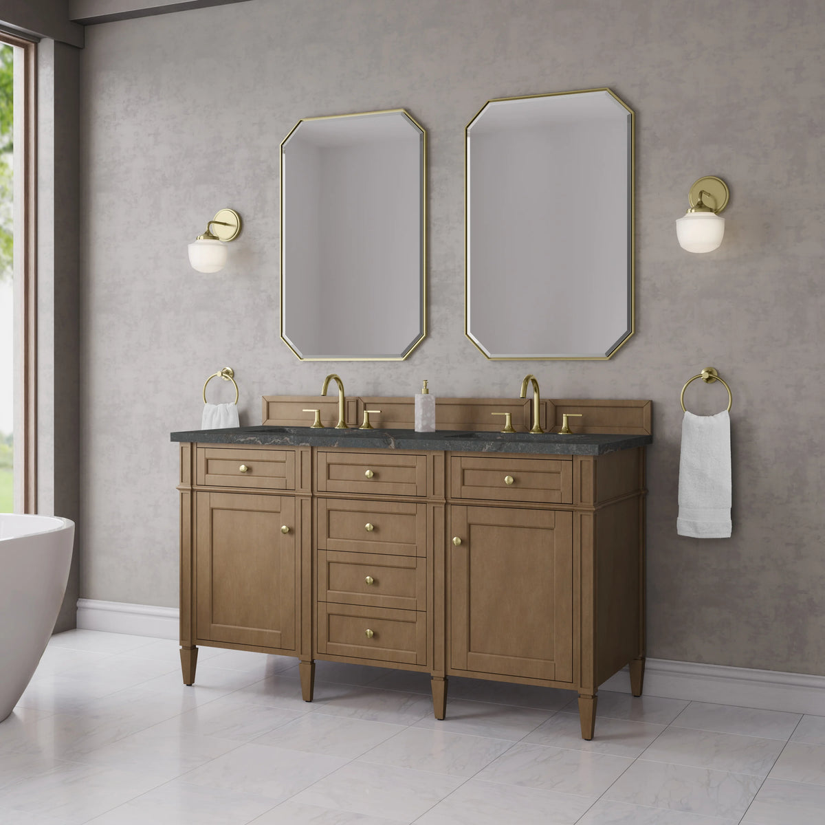 Brittany 60" Double Vanity, Pecan w/ 3 CM Parisien Bleu Silestone Top w/FreePower Wireless Charger, view 5
