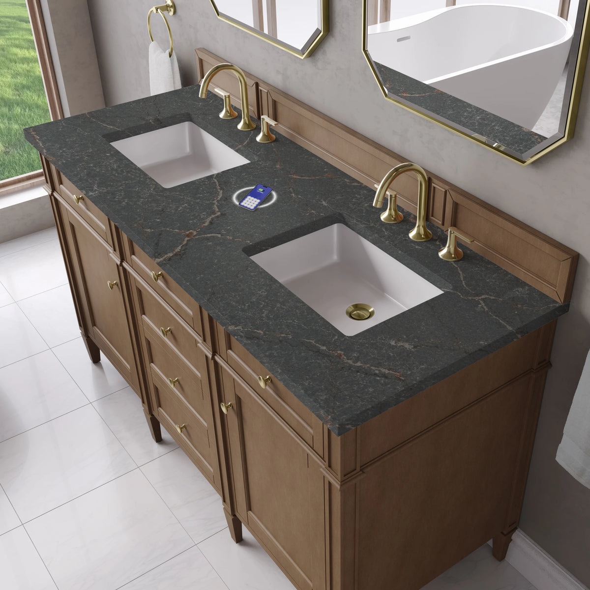 Brittany 60" Double Vanity, Pecan w/ 3 CM Parisien Bleu Silestone Top w/FreePower Wireless Charger, view 8