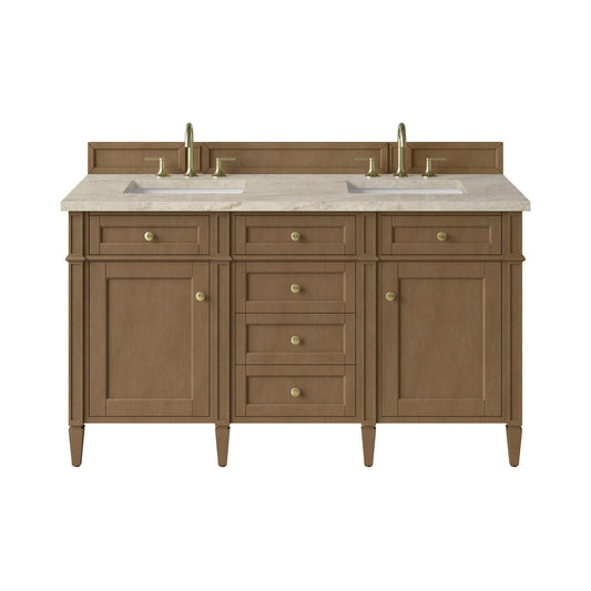 Brittany 60" Double Vanity, Pecan w/ 3 CM Tajnar Eclos Top w/FreePower Wireless Charger