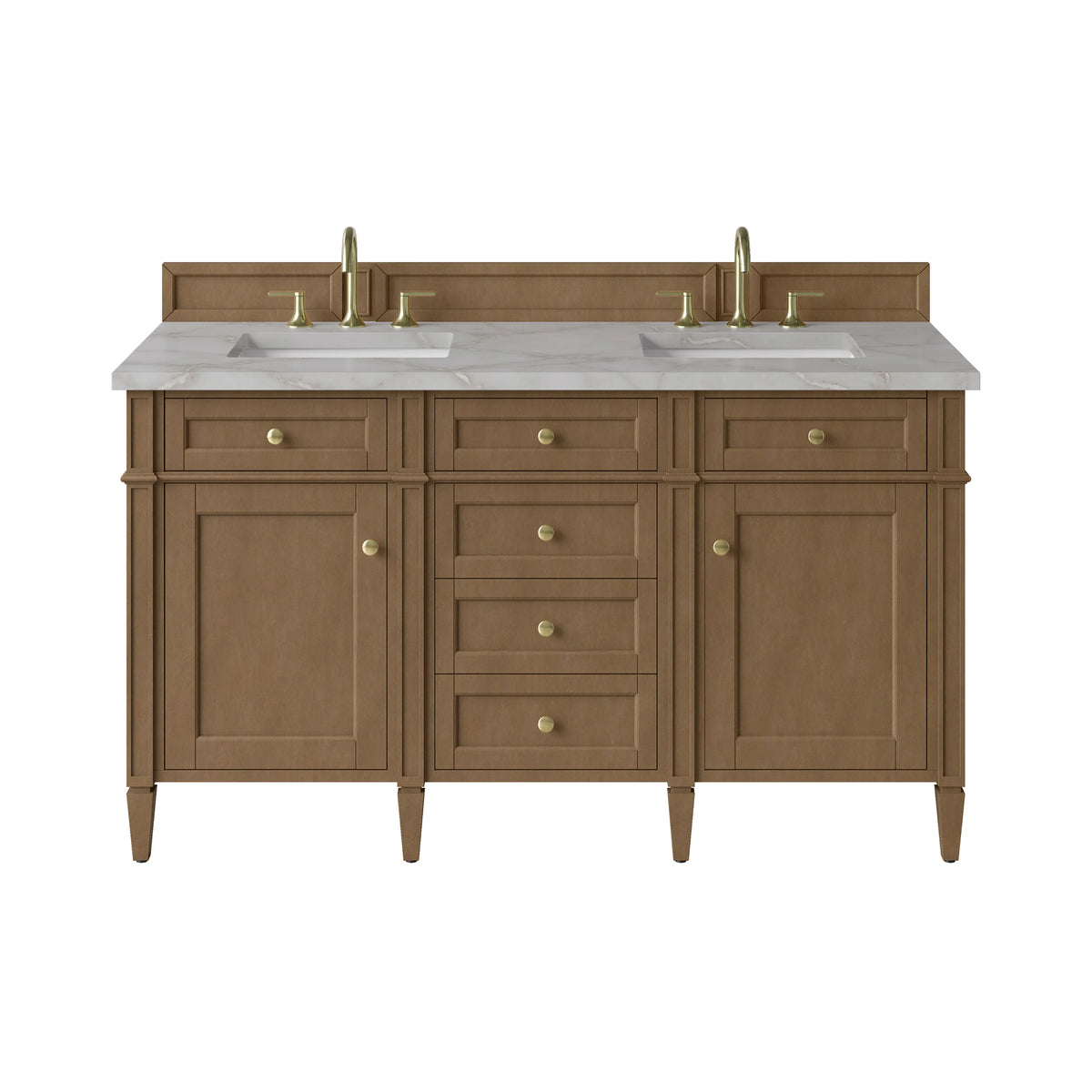 Brittany 60" Double Vanity, Pecan w/ 3 CM Victorian Silver Silestone Top w/FreePower Wireless Charger