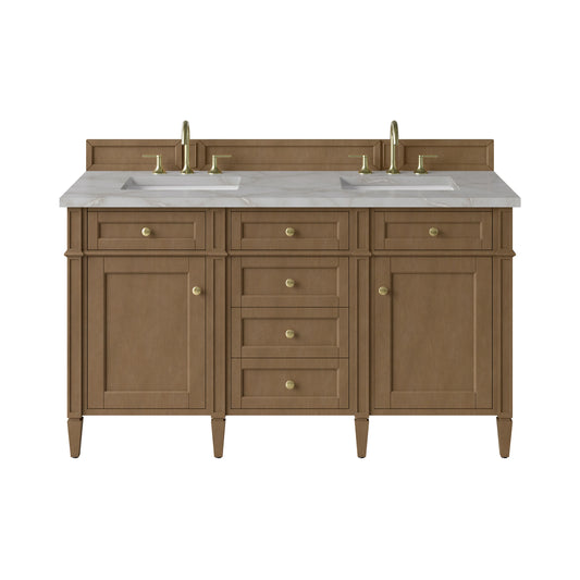 Brittany 60" Double Vanity, Pecan w/ 3 CM Victorian Silver Silestone Top w/FreePower Wireless Charger