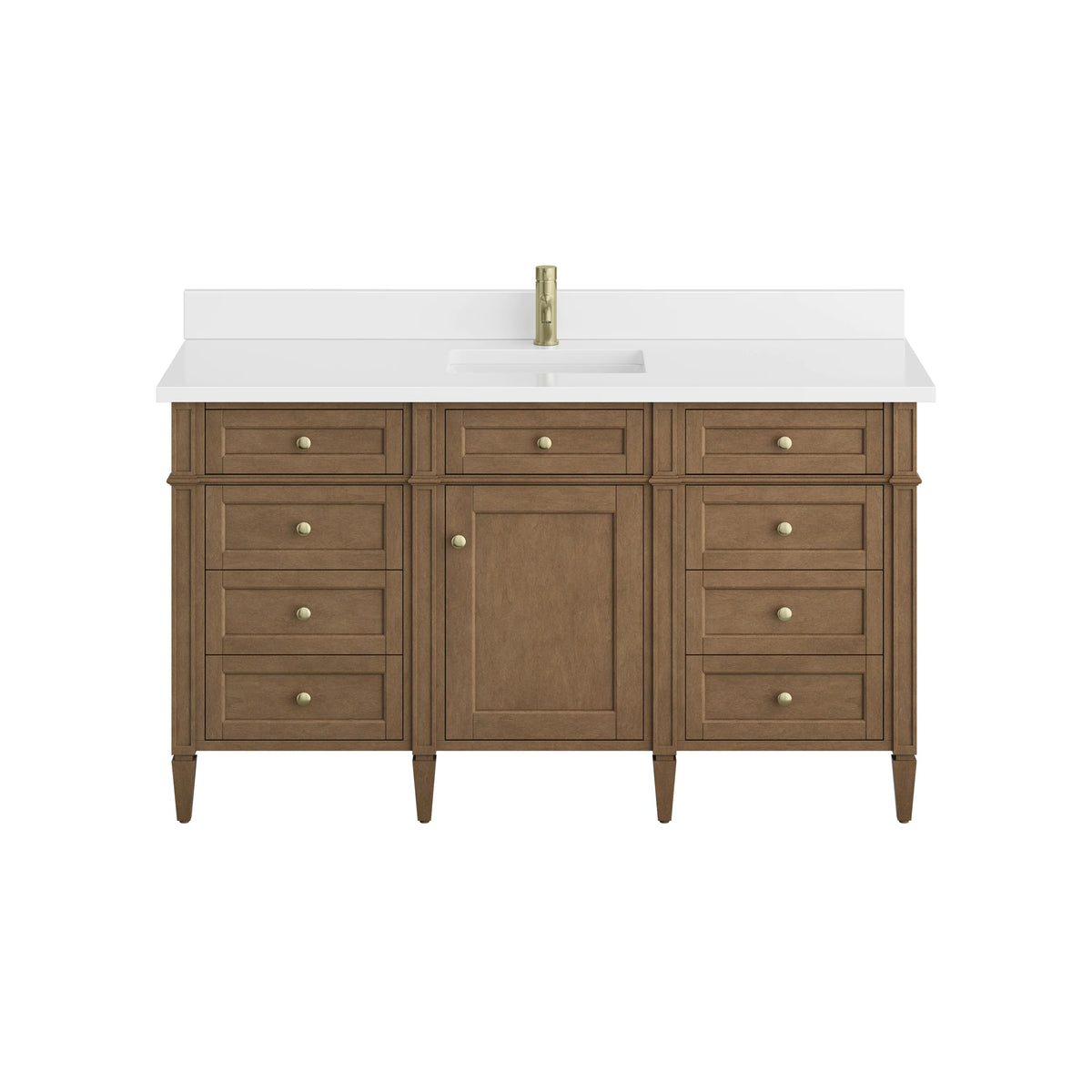 Brittany 60" Single Vanity, Pecan w/ Single Hole 3 CM White Zeus Silestone Top and Matching Backsplash