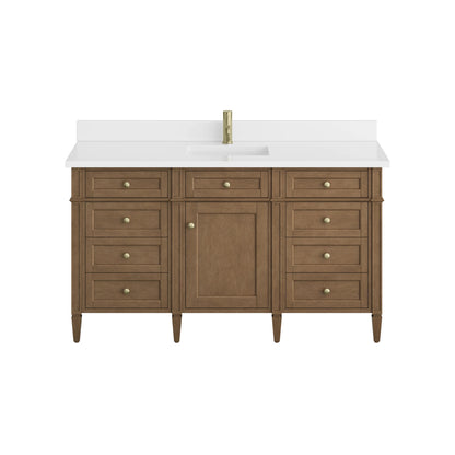 Brittany 60" Single Vanity, Pecan w/ Single Hole 3 CM White Zeus Silestone Top and Matching Backsplash