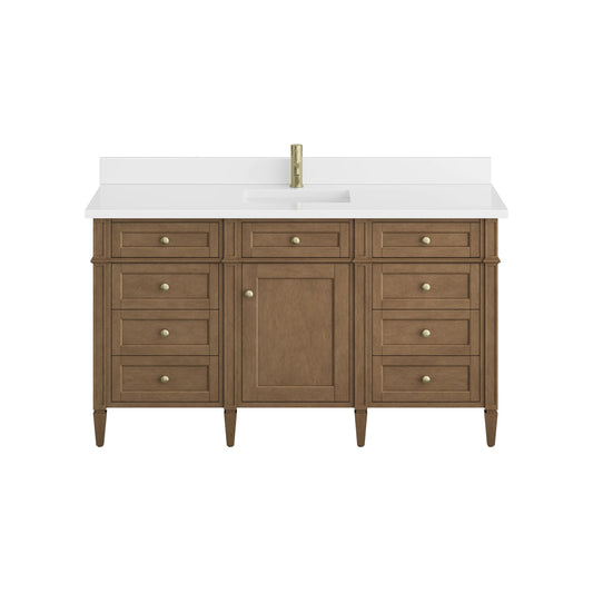 Brittany 60" Single Vanity, Pecan w/ Single Hole 3 CM White Zeus Silestone Top and Matching Backsplash