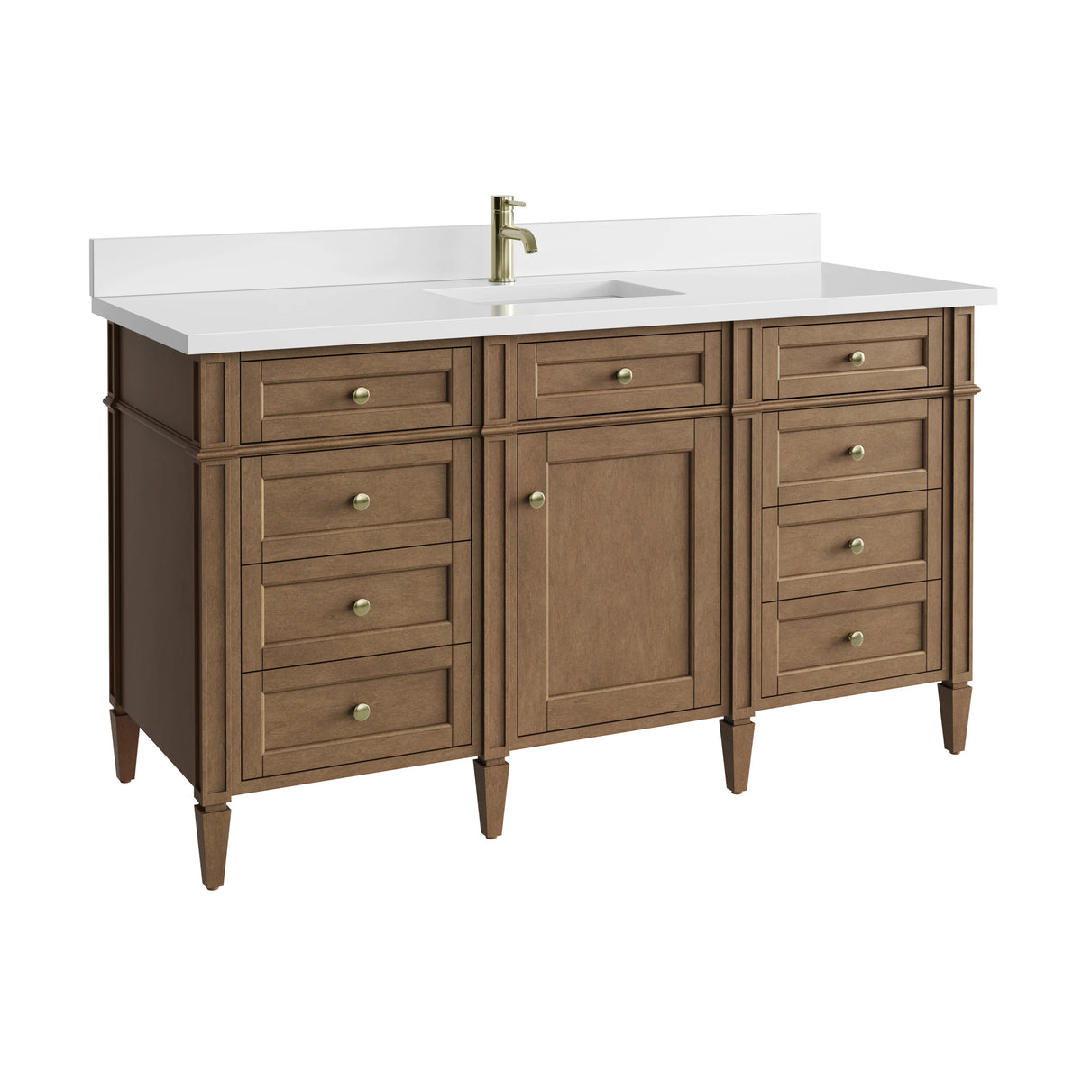 Brittany 60" Single Vanity, Pecan w/ Single Hole 3 CM White Zeus Silestone Top and Matching Backsplash, view 11