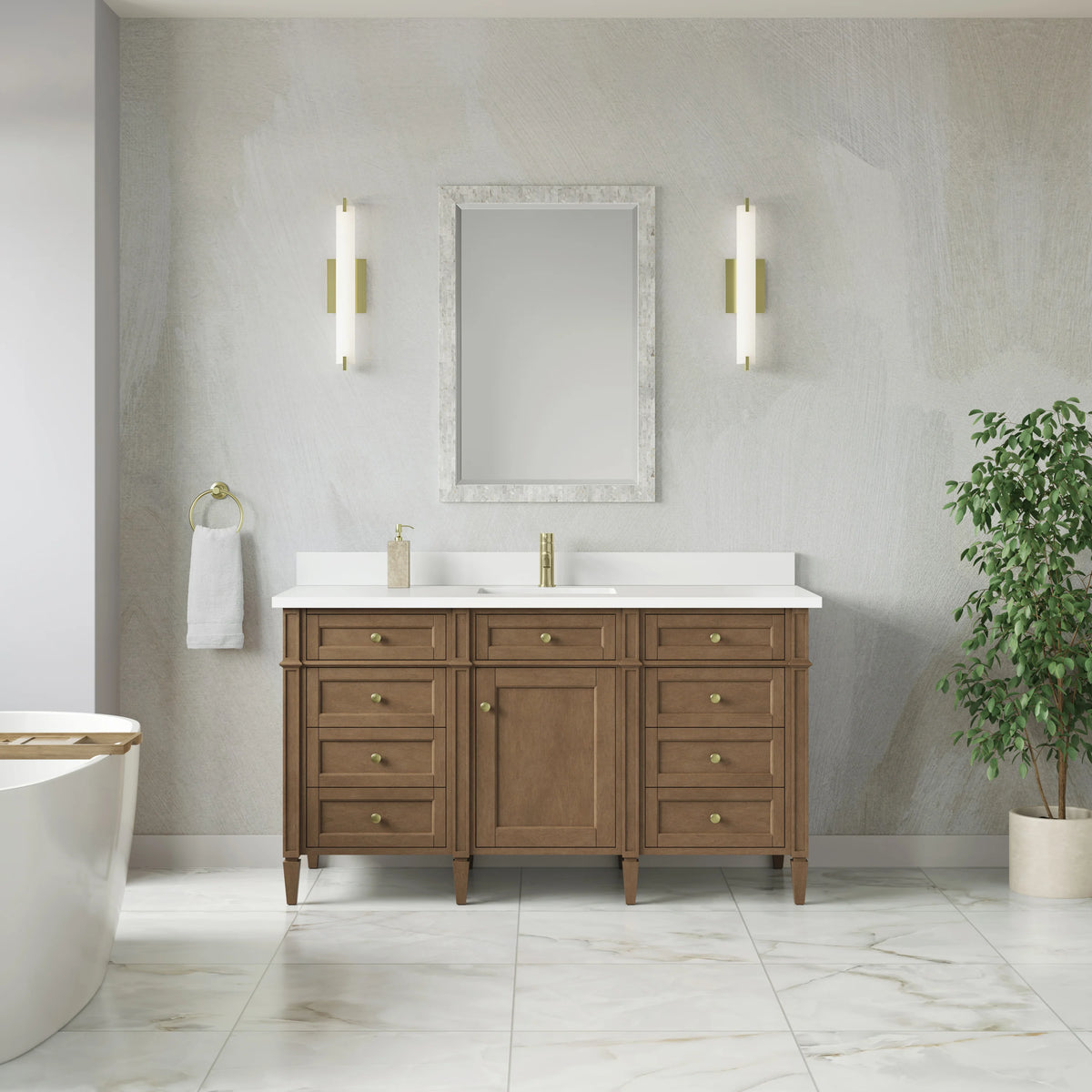 Brittany 60" Single Vanity, Pecan w/ Single Hole 3 CM White Zeus Silestone Top and Matching Backsplash, view 3