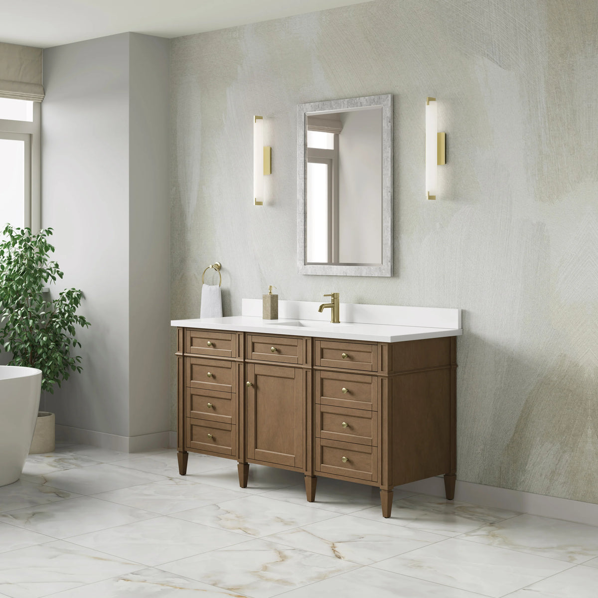 Brittany 60" Single Vanity, Pecan w/ Single Hole 3 CM White Zeus Silestone Top and Matching Backsplash, view 4