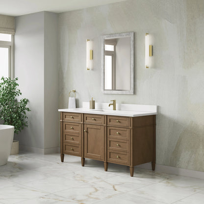 Brittany 60" Single Vanity, Pecan w/ Single Hole 3 CM White Zeus Silestone Top and Matching Backsplash, view 4