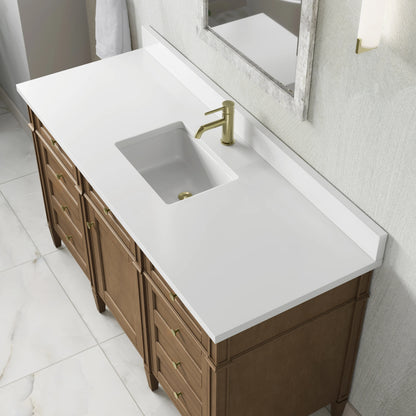 Brittany 60" Single Vanity, Pecan w/ Single Hole 3 CM White Zeus Silestone Top and Matching Backsplash, view 7