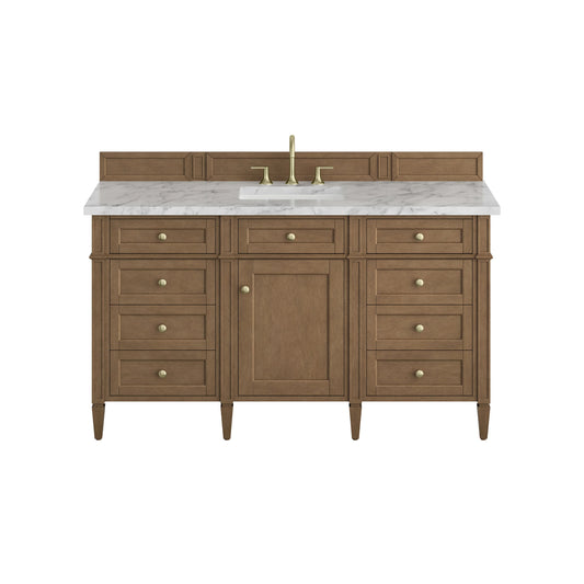 Brittany 60" Single Vanity, Pecan w/ 3 CM Carrara Marble Top