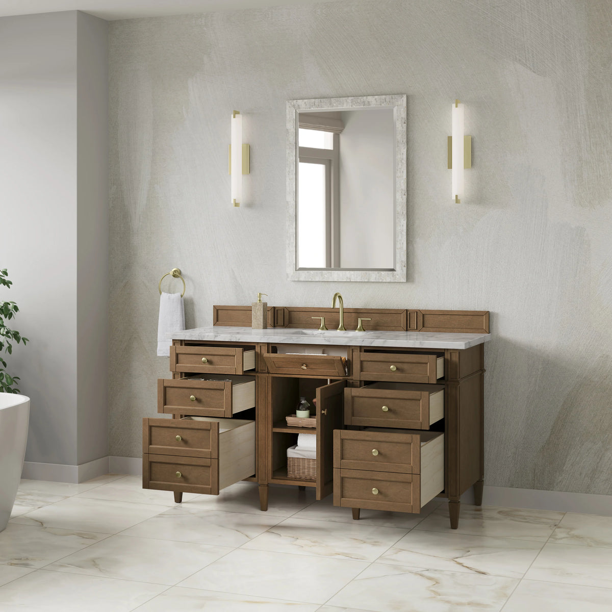 Brittany 60" Single Vanity, Pecan w/ 3 CM Carrara Marble Top, view 5