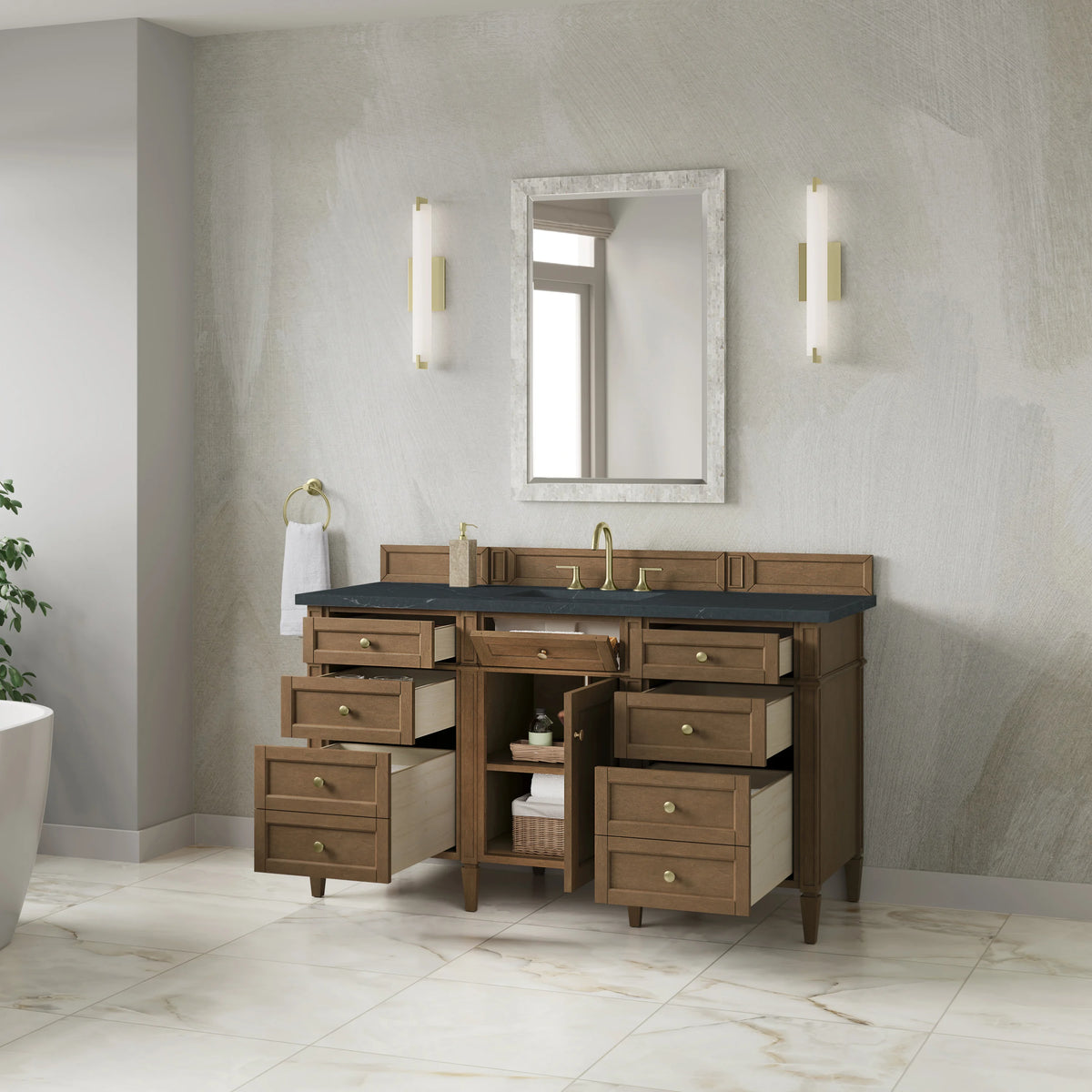 Brittany 60" Single Vanity, Pecan w/ 3 CM Charcoal Soapstone Silestone Top, view 5