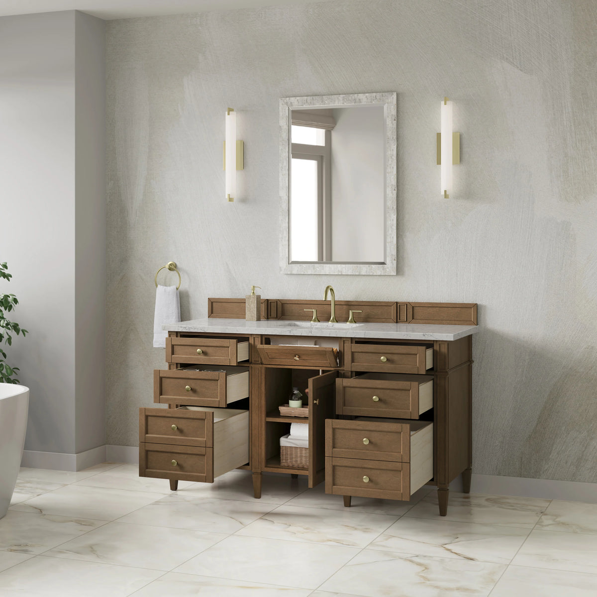 Brittany 60" Single Vanity, Pecan w/ 3 CM Eternal Jasmine Pearl Silestone Top, view 5