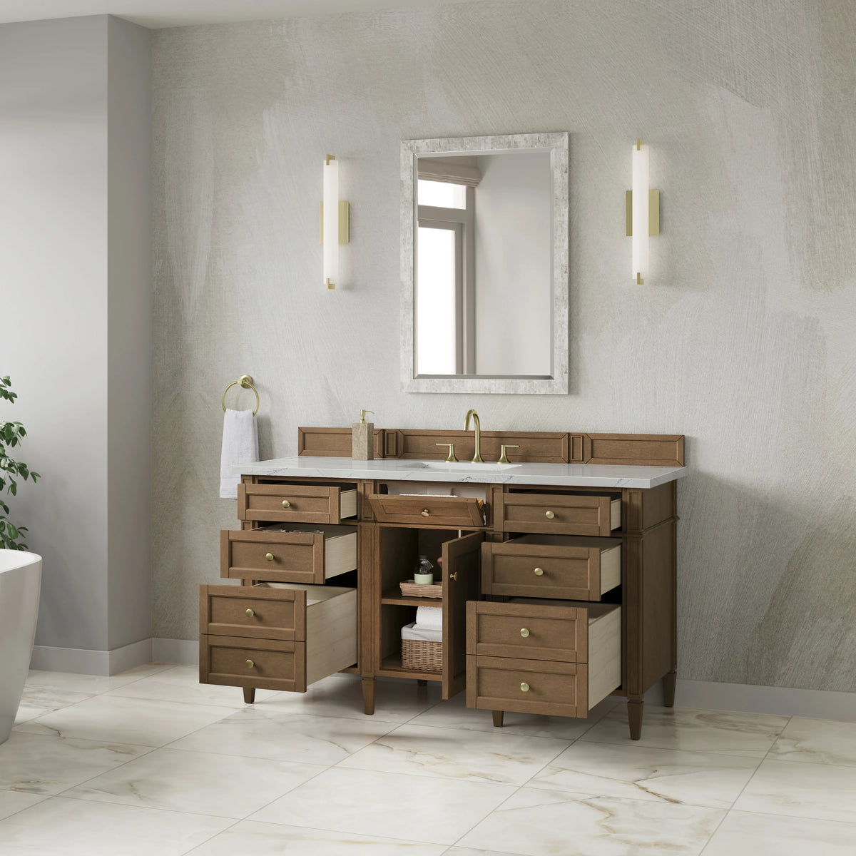 Brittany 60" Single Vanity, Pecan w/ 3 CM Ethereal Noctis Silestone Top, view 5
