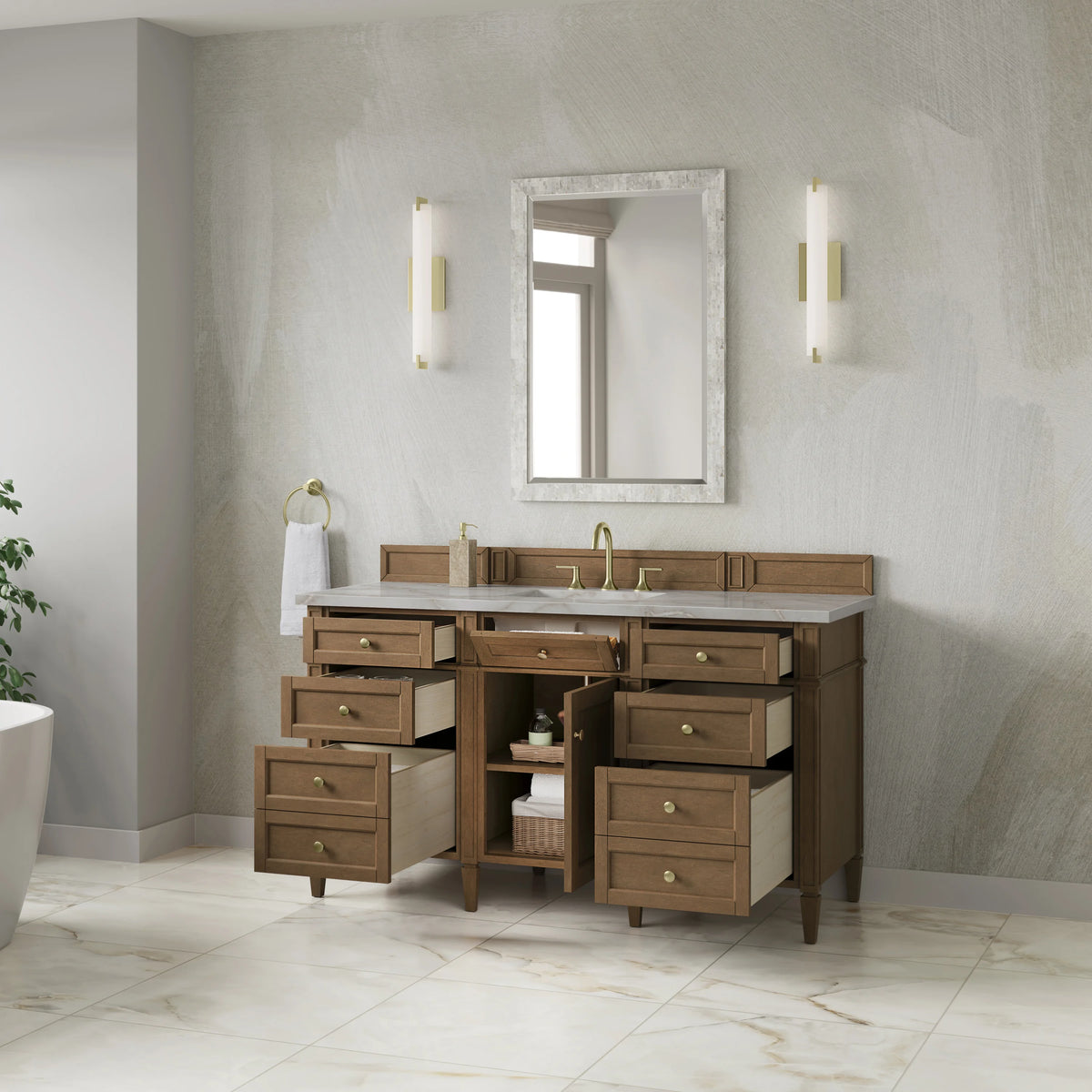 Brittany 60" Single Vanity, Pecan w/ 3 CM Victorian Silver Silestone Top, view 5