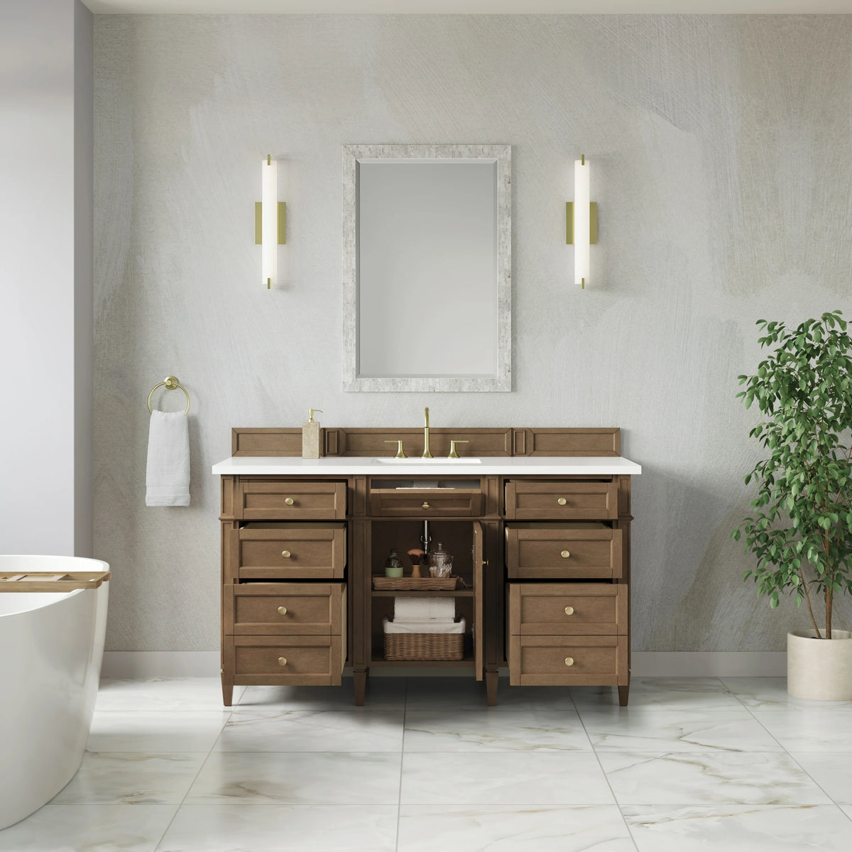Brittany 60" Single Vanity, Pecan w/ 3 CM White Zeus Silestone Top, view 6