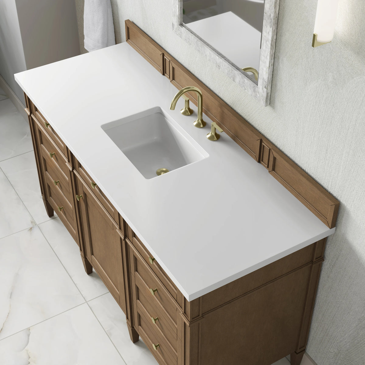 Brittany 60" Single Vanity, Pecan w/ 3 CM White Zeus Silestone Top, view 9