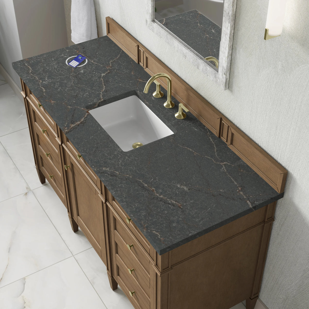 Brittany 60" Single Vanity, Pecan w/ 3 CM Parisien Bleu Silestone Top w/FreePower Wireless Charger, view 9