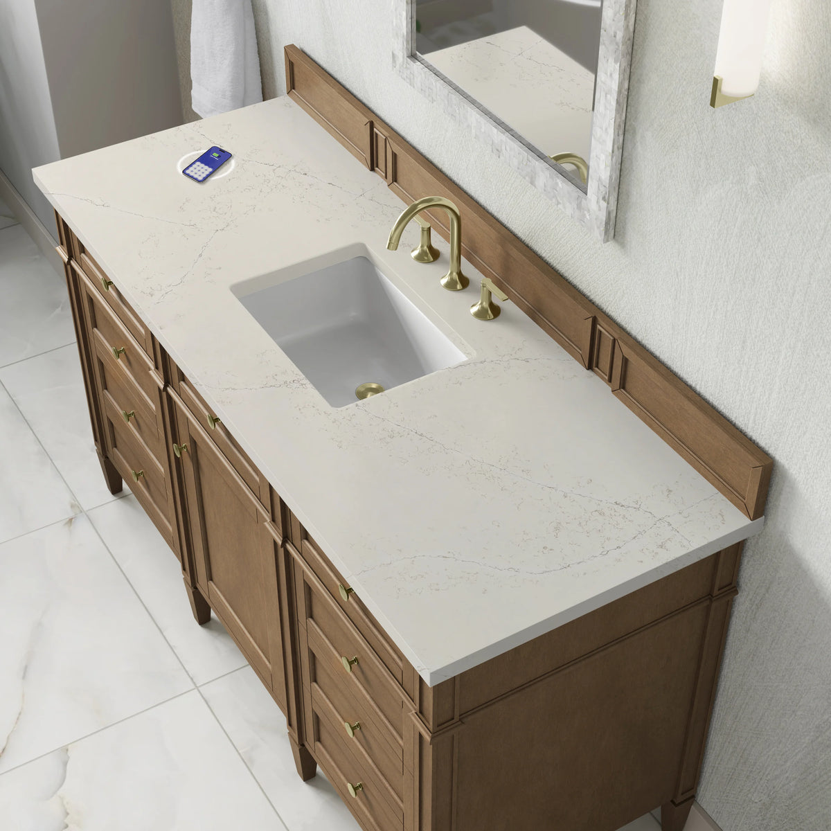 Brittany 60" Single Vanity, Pecan w/ 3 CM Siberian Silestone Top w/FreePower Wireless Charger, view 10