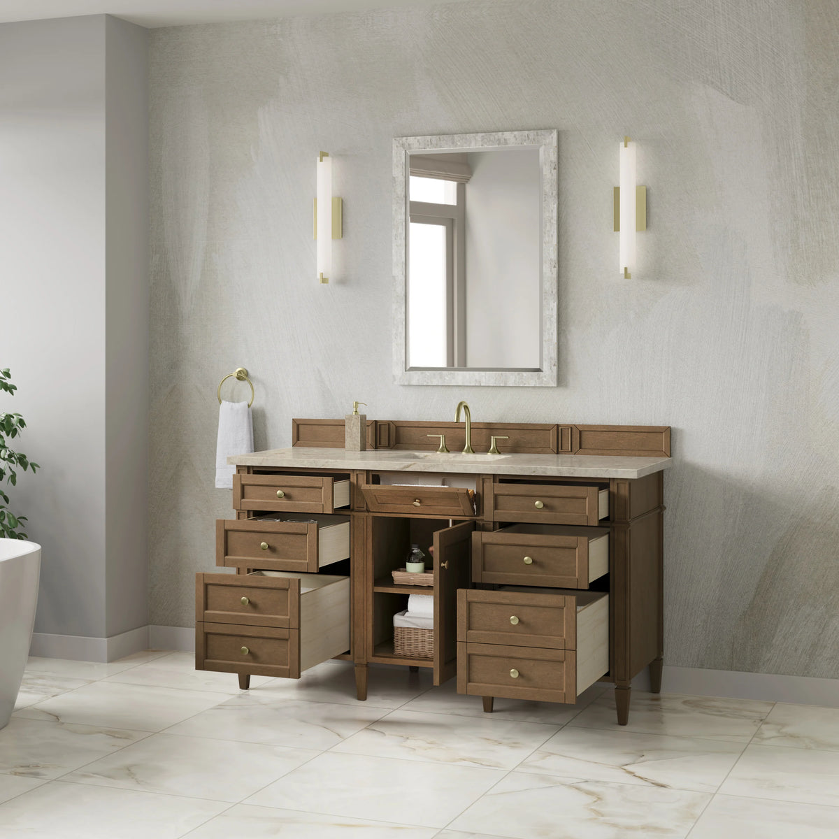Brittany 60" Single Vanity, Pecan w/ 3 CM Tajnar Eclos Top w/FreePower Wireless Charger, view 7