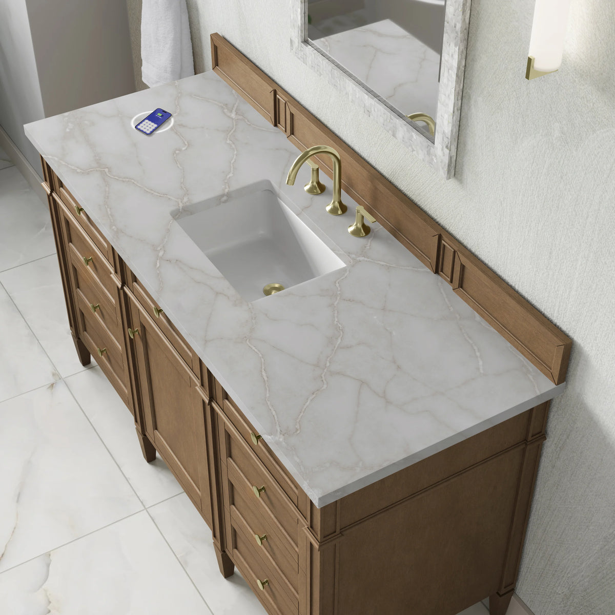 Brittany 60" Single Vanity, Pecan w/ 3 CM Victorian Silver Silestone Top w/FreePower Wireless Charger, view 9