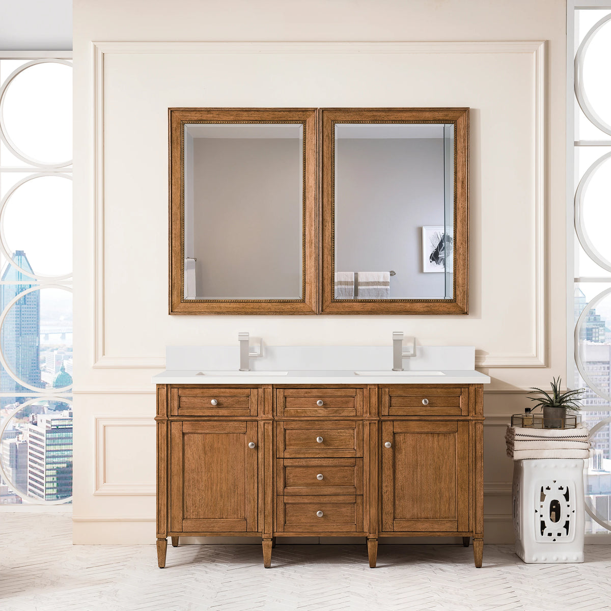 Brittany 60" Double Vanity, Saddle Brown w/ Single Hole 3 CM White Zeus Silestone Top & Backsplash, view 3