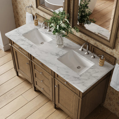 Brittany 60" Double Vanity, Saddle Brown w/ 3 CM Carrara Marble Top, view 7