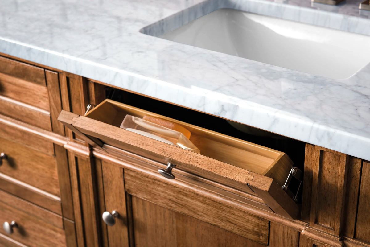 Brittany 60" Single Vanity, Saddle Brown w/ 3 CM Eternal Jasmine Pearl Silestone Top, view 6