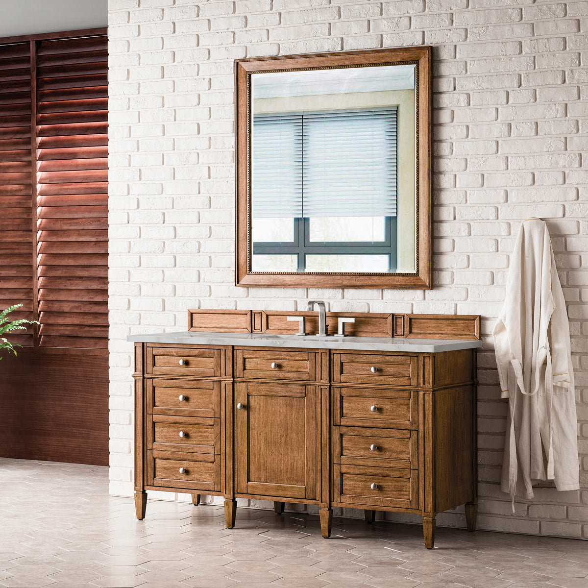 Brittany 60" Single Vanity, Saddle Brown w/ 3 CM Victorian Silver Silestone Top w/FreePower Wireless Charger, view 7