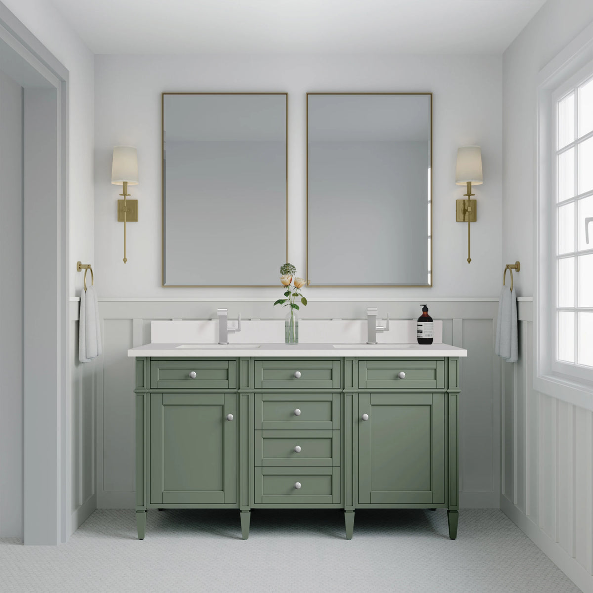 Brittany 60" Double Vanity, Smokey Celadon w/ Single Hole 3 CM White Zeus Top & Backsplash, view 3