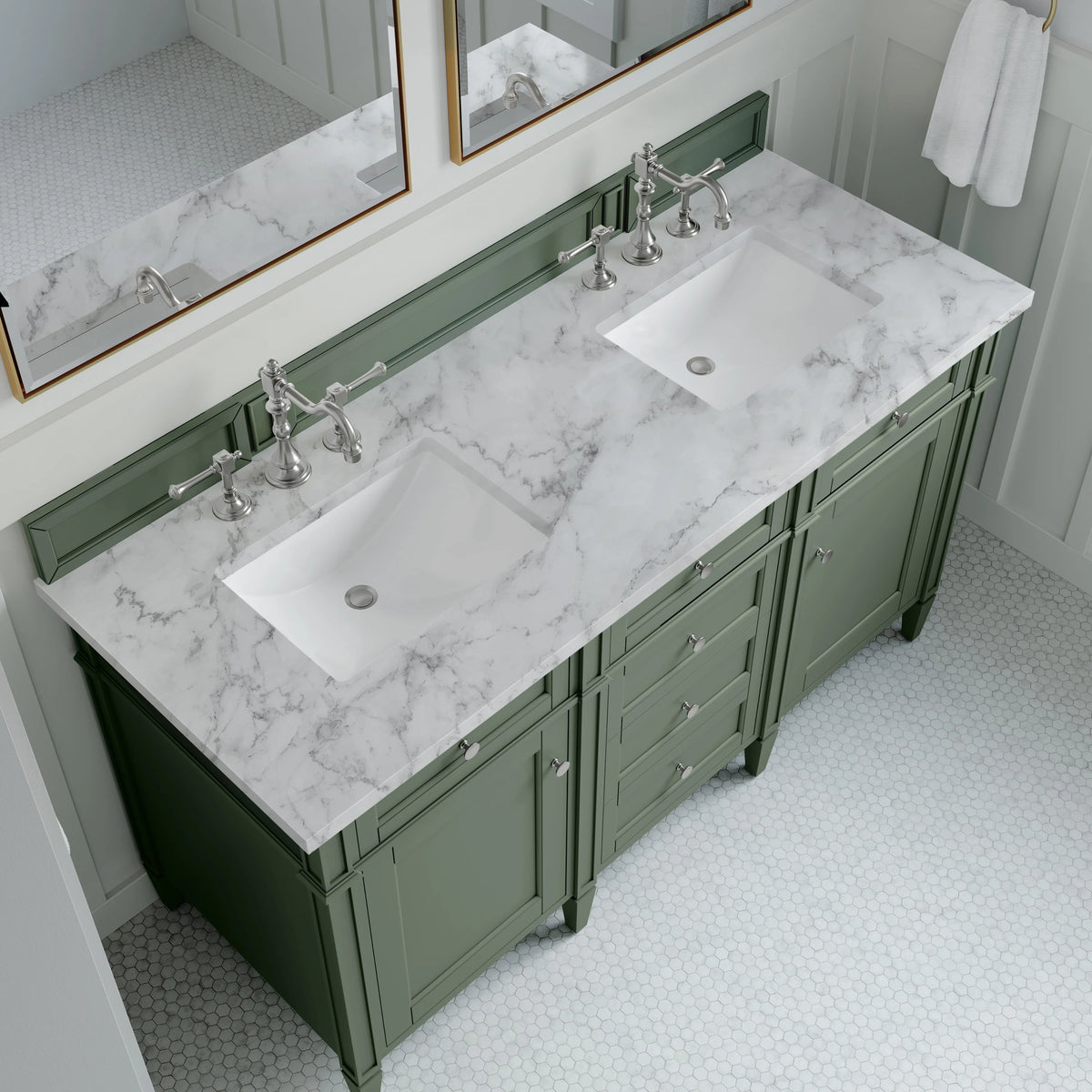 Brittany 60" Double Vanity, Smokey Celadon w/ 3 CM Carrara Marble Top, view 6