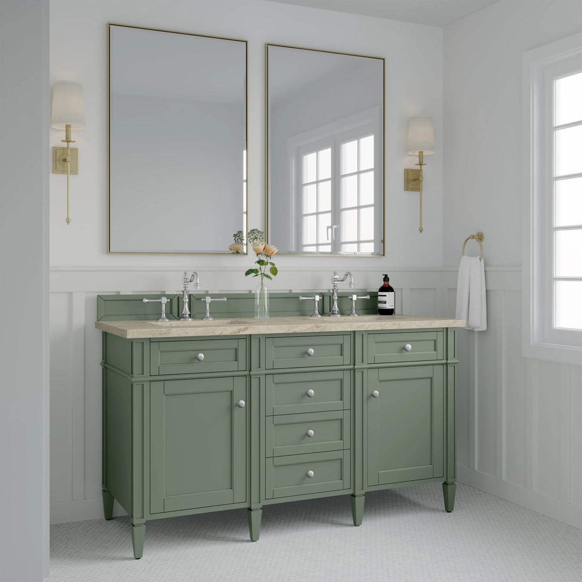 Brittany 60" Double Vanity, Smokey Celadon, w/ 3 CM Tajnar Eclos Top, view 4