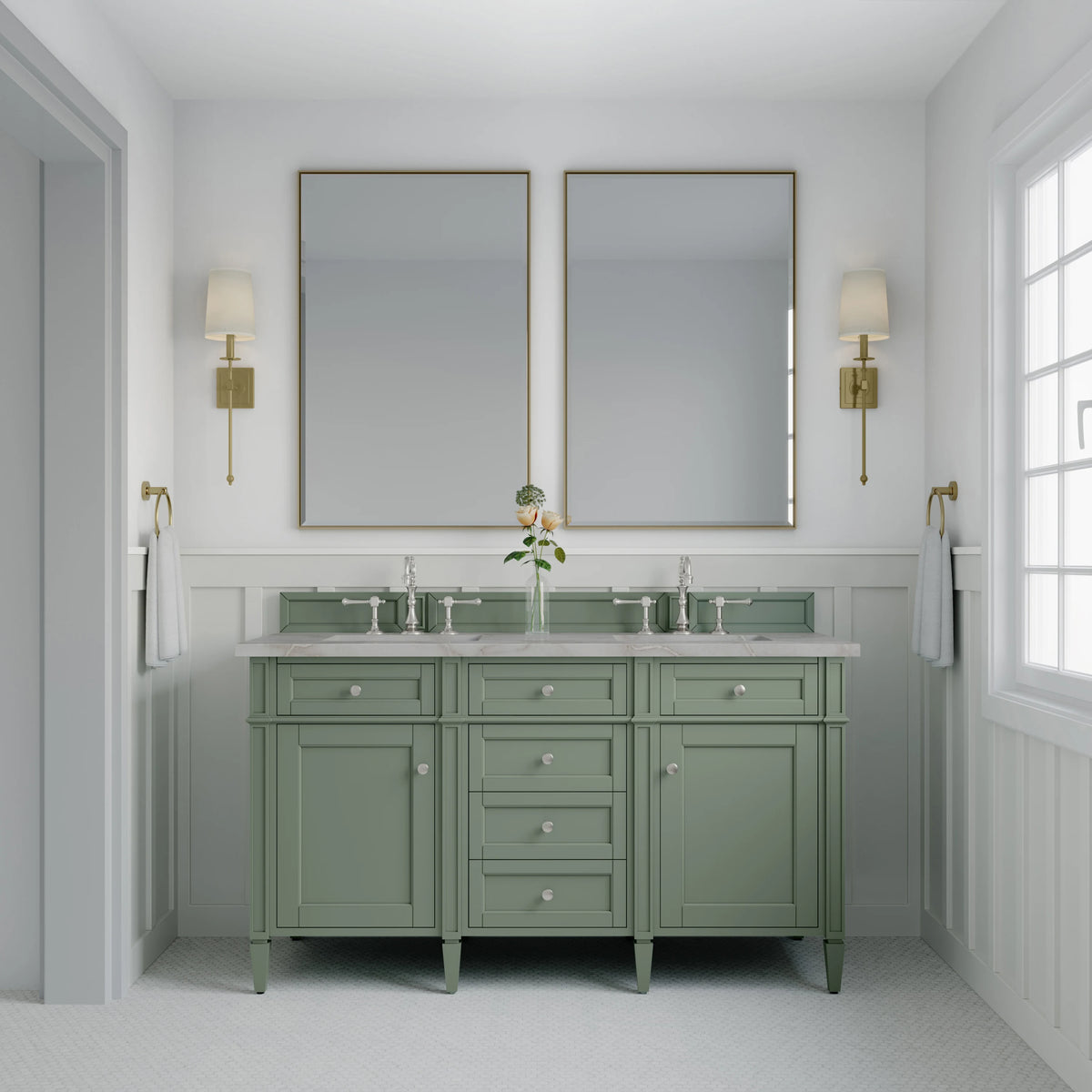 Brittany 60" Double Vanity, Smokey Celadon w/ 3 CM Victorian Silver Top, view 3