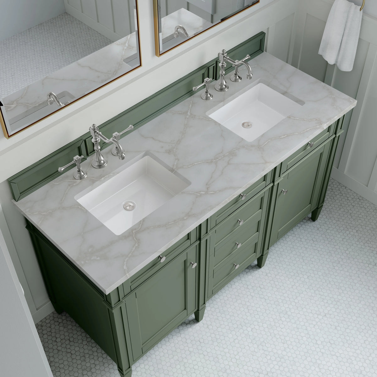 Brittany 60" Double Vanity, Smokey Celadon w/ 3 CM Victorian Silver Top, view 6